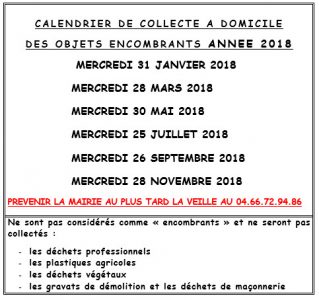Calendrier de collecte des encombrants sur la commune, pour l’année